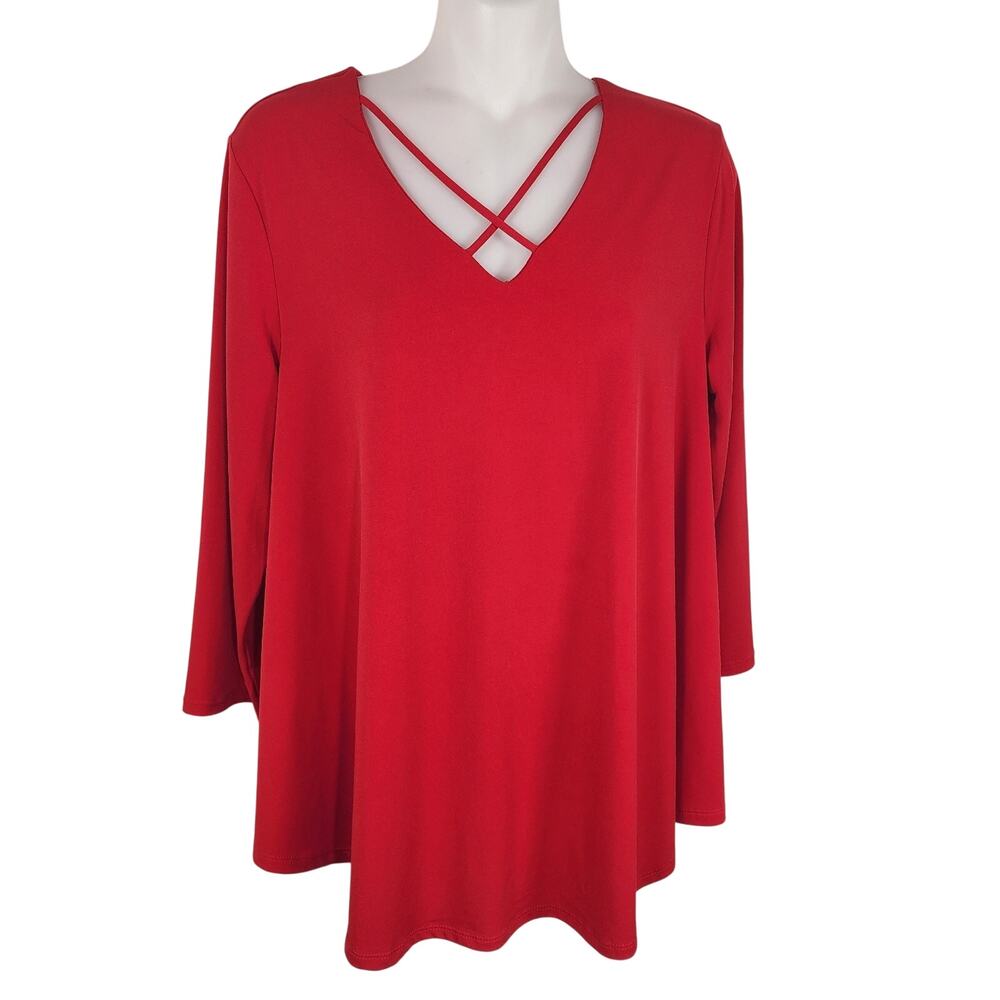 Chico's Women's Caged Knit Tunic Top Size 1 Medium Red 3/4 Sleeves Crisscross
